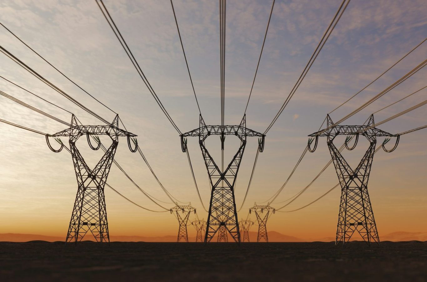 TarifWerk aus Köln Hochspannungsleitungen im Sonnenuntergang.